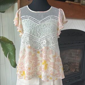 HD in Paris Embellished Flutter Sleeve Blouse in White and Pink